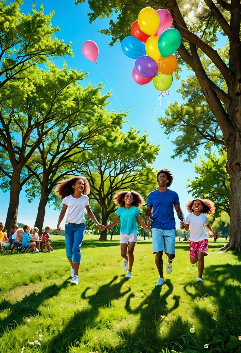 A vibrant scene of a diverse family enjoying a sunny day in a lush green park, engaging in various activities like picnicking, playing catch, and flying kites. Children are seen laughing and running around with colorful balloons, while adults relax and share joyful moments. The background features blooming flowers, tall trees, and a clear blue sky, creating a sense of harmony and happiness. super-realistic. vibrant colors. 3D.