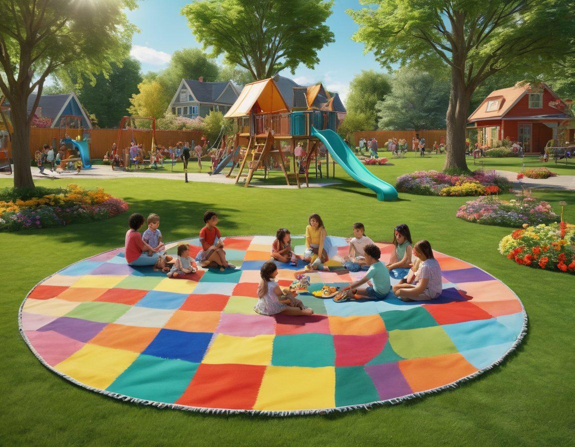 A vibrant scene showcasing a diverse group of people enjoying a sunny day in a colorful playground, featuring children playing on swings and slides, families having a picnic on checkered blankets with baskets of food, and friends engaging in outdoor games. Lush green grass and blooming flowers surround the area, creating a joyful atmosphere. super-realistic. bright colors. 3D.
