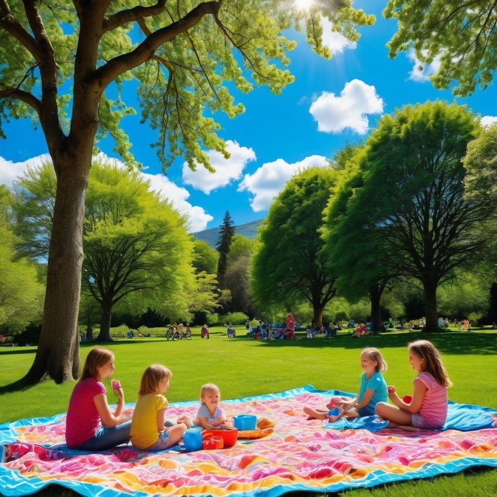 A vibrant family enjoying a sunny day in a lush green park, with children playing on a colorful playground and parents relaxing on picnic blankets, surrounded by blooming flowers and tall trees. A clear blue sky with fluffy white clouds above, and distant hills creating a picturesque background. The scene captures joy, laughter, and the essence of outdoor fun for all ages. super-realistic. vibrant colors. sunny day.